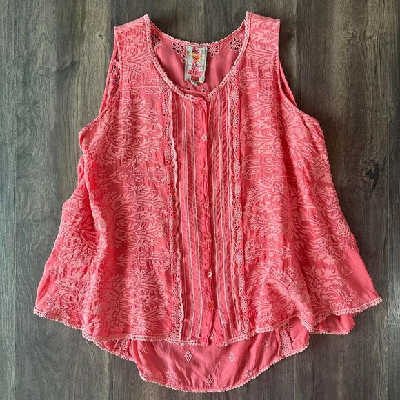 Johnny Was Pink Eyelet Blouse Embroidered Lace Button Up Sleeveless Top Sz Large - Picture 1 of 6